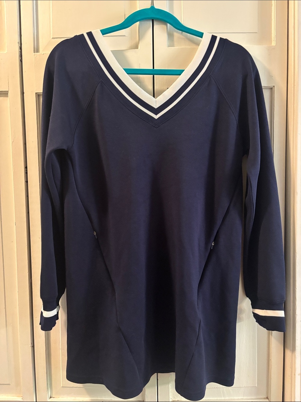 Navy V-Neck Long Sleeve Women's Dress with Stripe Trim